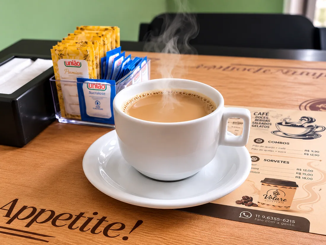 Café com leite tradicional na Volare Cafeteria