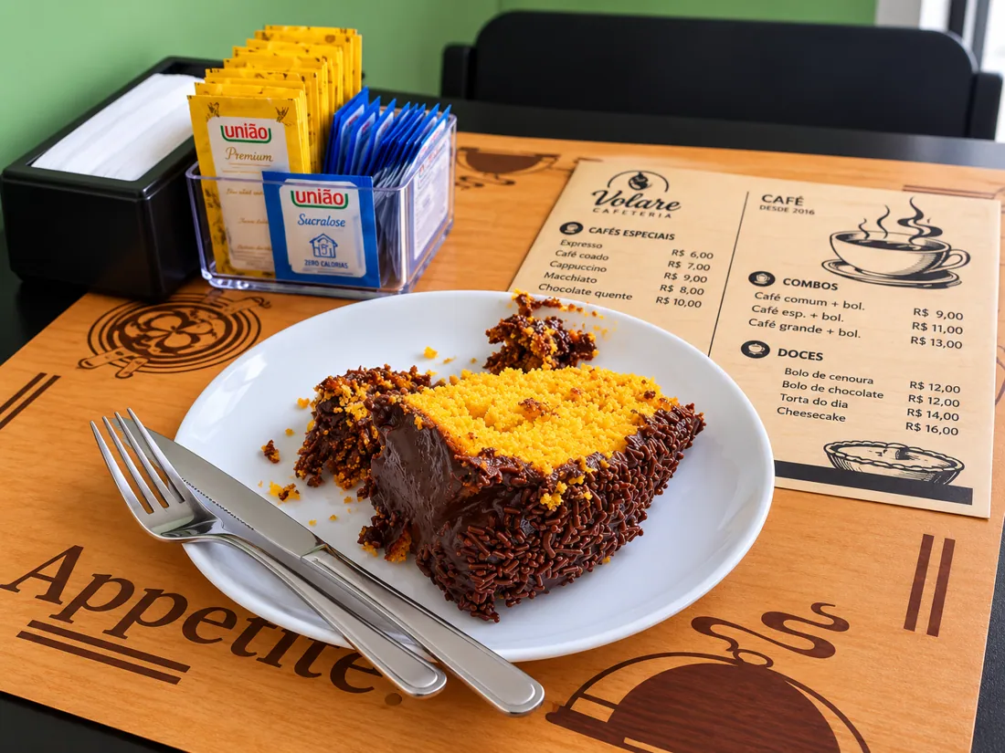 Bolo com ganache na Volare Cafeteria