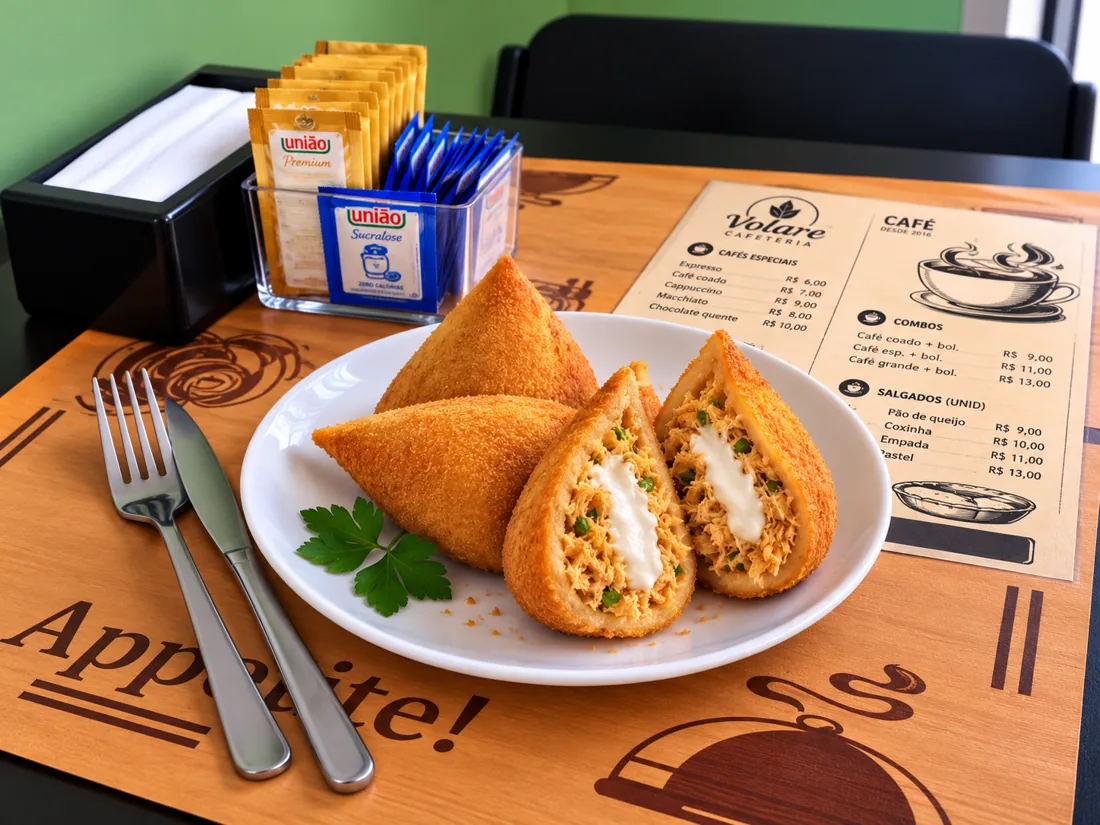 Coxinhas — sabores variados na Volare Cafeteria