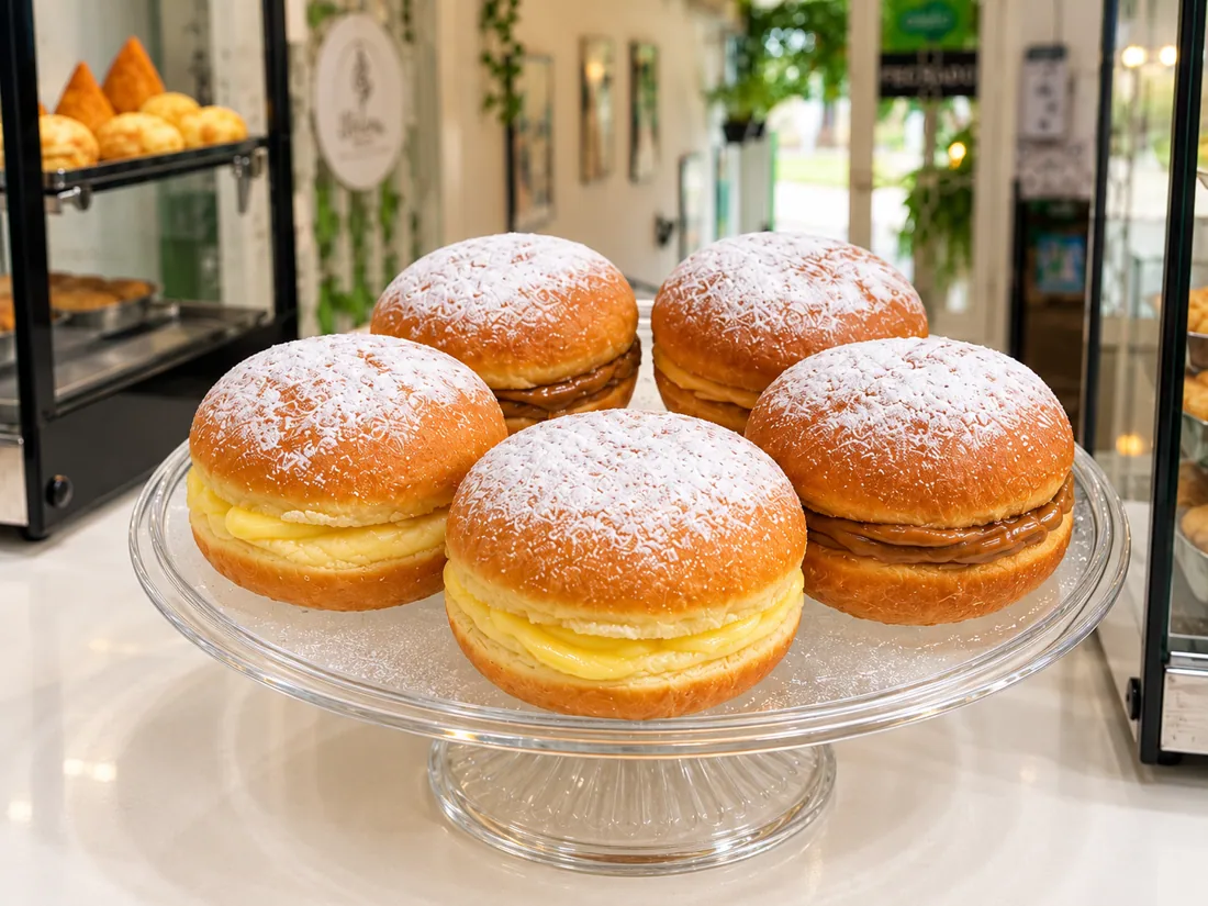 Sonhos recheados com creme na Volare Cafeteria